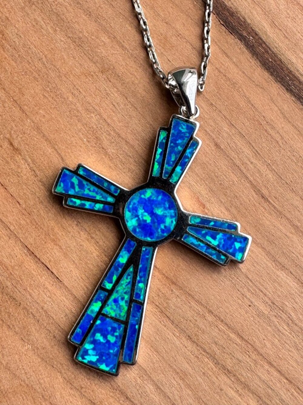 Sterling Silver Blue Opal Inlay Cross Pendant Necklace 23” Chain 7.3g 2” - Picture 6 of 8